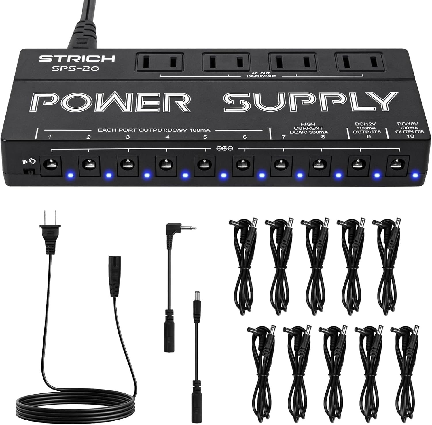 STRICH SPS-20 Guitar Pedal Board Power Supply 10 Isolated DC Outputs 9V/12V/18V