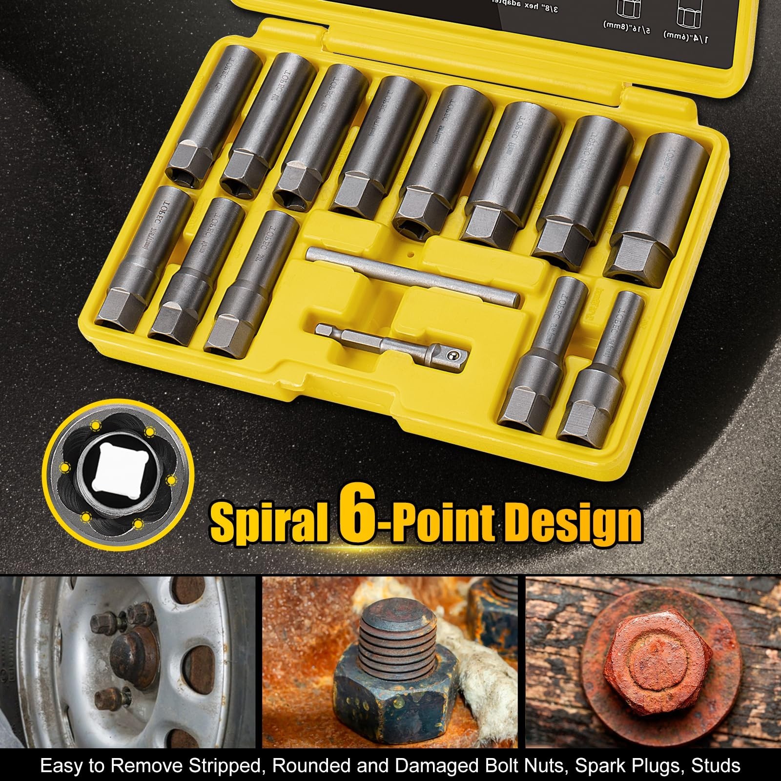 Topec 15PCS Deep Bolt Extractor Kit, 6mm-19mm Nut Extractor Socket Set, 3/8" ...