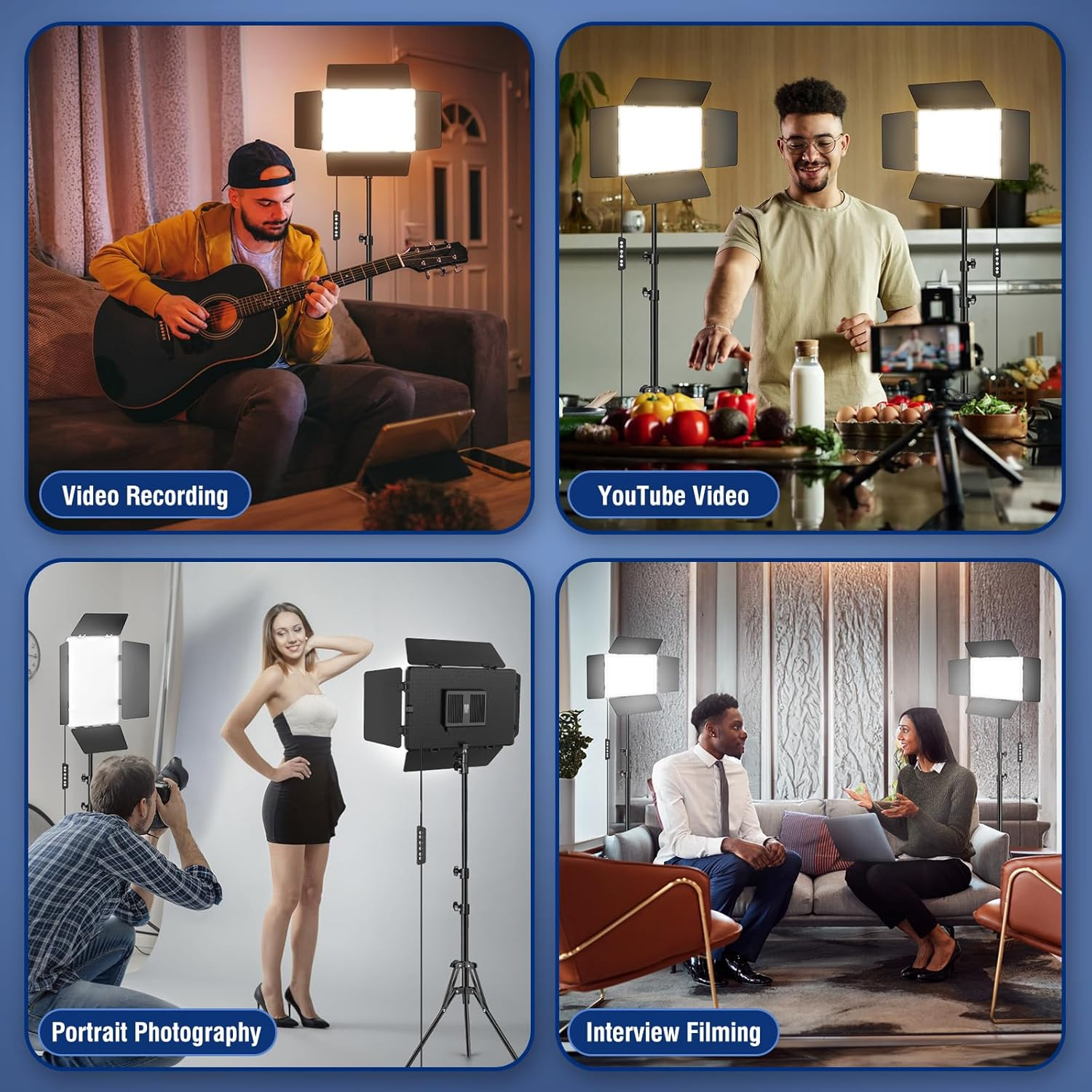 2 Pack LED Video Light Kit with Barn Door, 30W Photography Light Panel with Sta