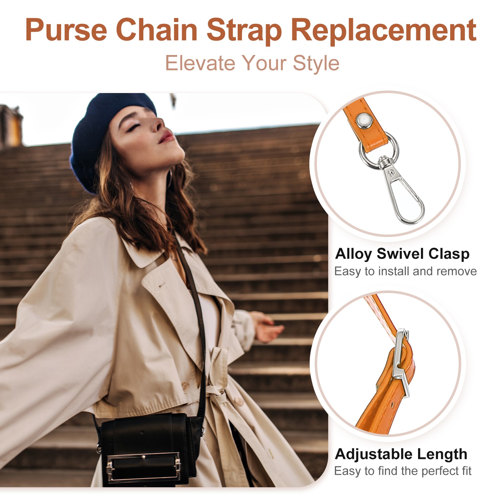 47" Adjustable PU Leather Purse Strap with Silver Hardware Orange