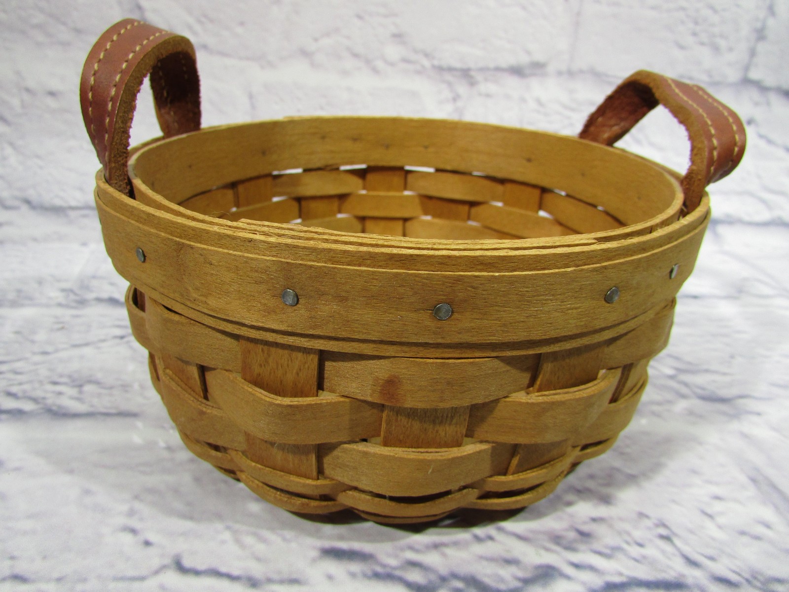 Longaberger Handmade Basket Small Round Wood Leather Handles 2003 USA Decor