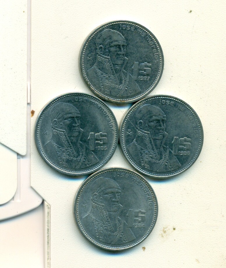 4 DIFFERENT 1 PESO COINS from MEXICO (1984, 1985, 1986 & 1987)