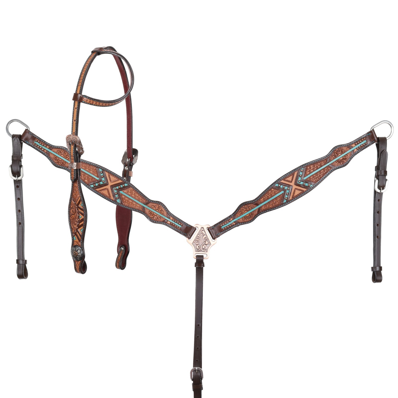 Arrow Ridge Tooled with Teal Arrow One Ear Headstall & Breast Collar & Reins NEW