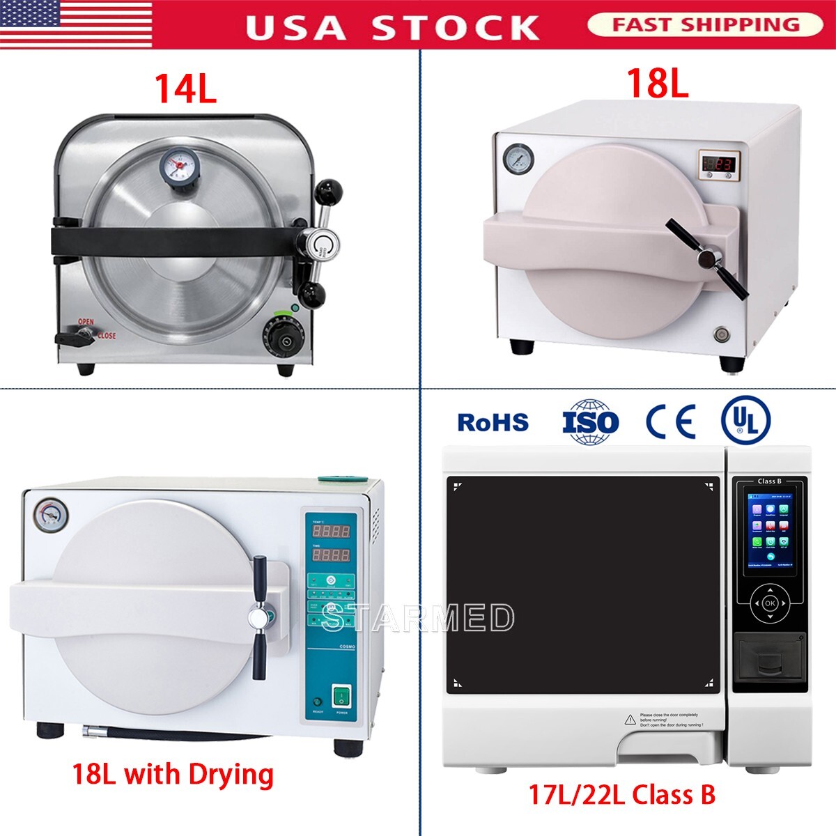 22L 18L 14L Dental Autoclave Steam Sterilizer/Class B Sterilization with Printer