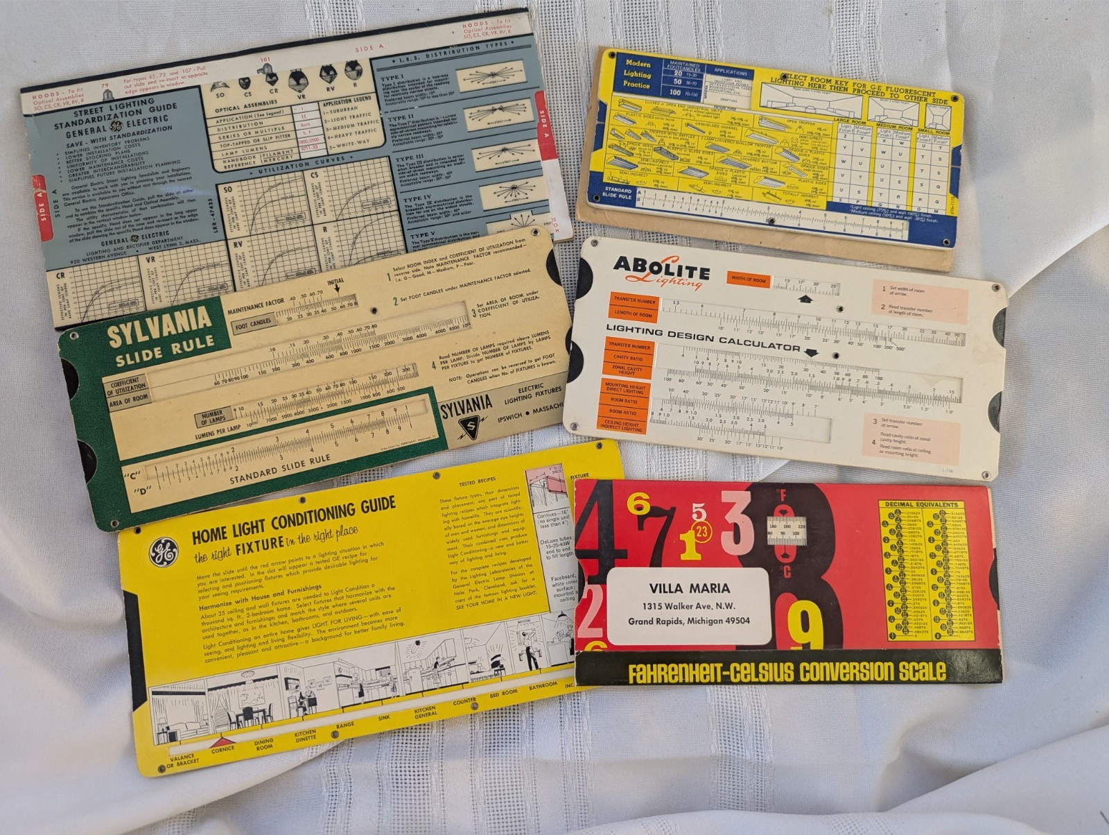 Lot of 6 Vintage Sylvania  Slide Rule GE Fluorescent Lighting Calculator Abolite