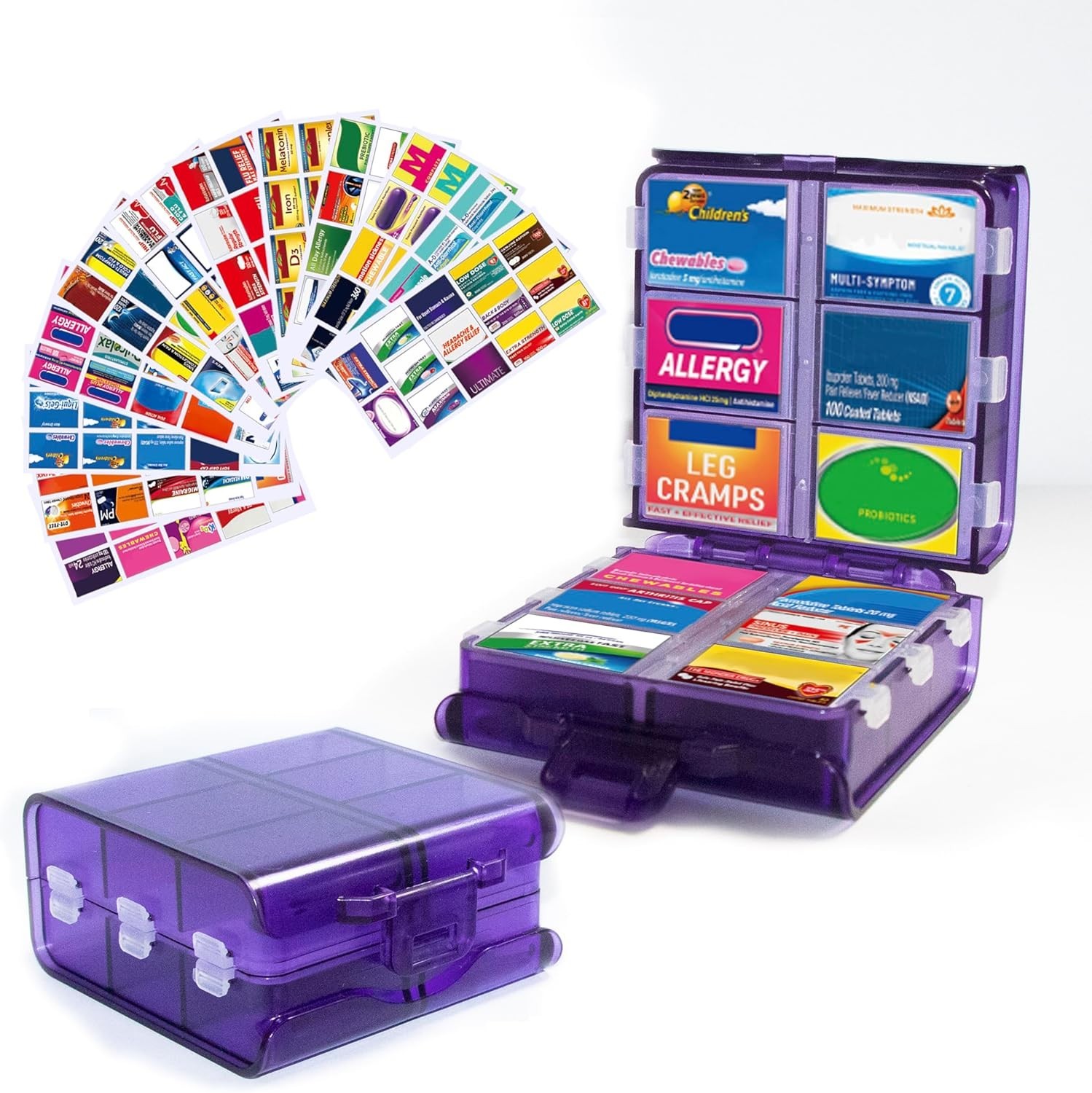 Large Pill Organizer Box – 12 Compartment Travel Medicine Case w/ Labels Purple