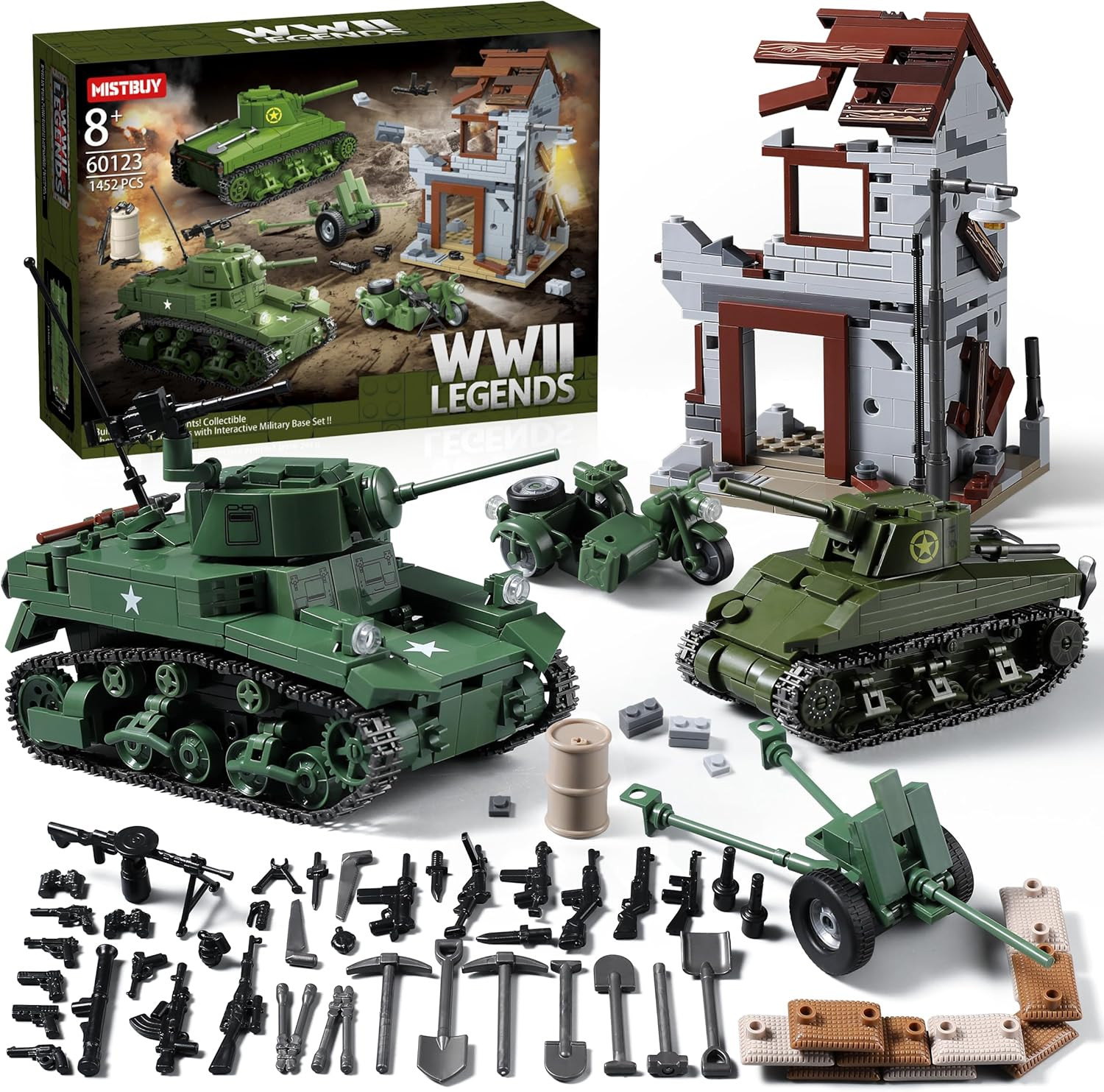 WW2 Army Tank Toys Building Sets Compatible with Lego (1452 Pieces), Includes US