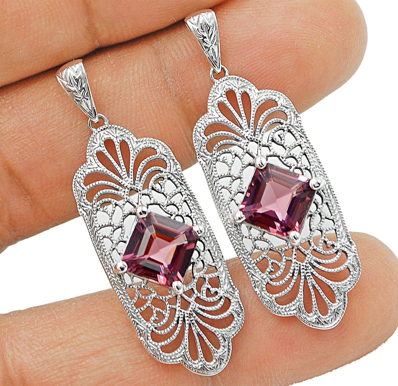4CT Treated Color Changing Alexandrite 925 Sterling Silver Filigree Earrings