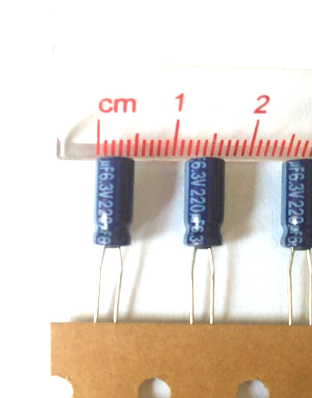 2 pcs, 220uF 6.3V, Electrolytic. Capacitors by Panasonic, ECA-0JM221I