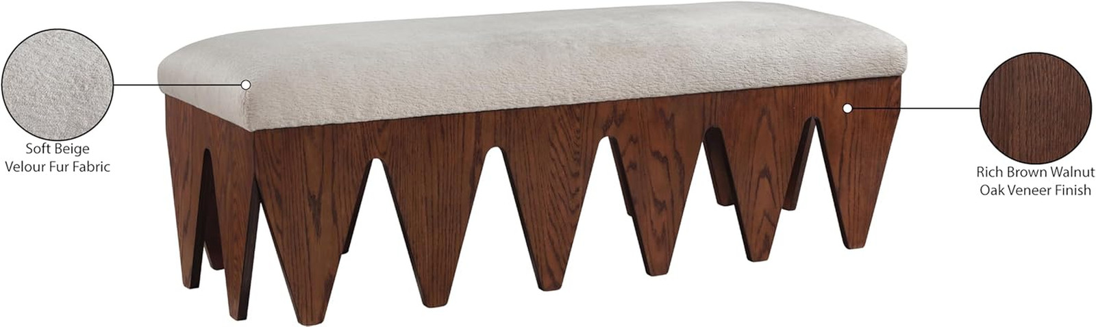 Elegant Art Deco Beige Velour Fur Bench with Walnut Finish - 55" W