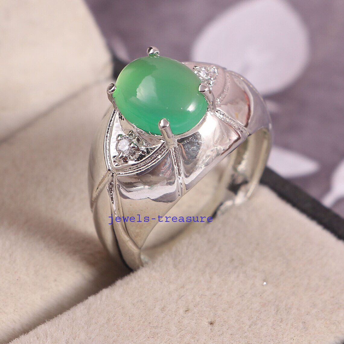 Natural Green Onyx & CZ Gemstones 925 Sterling silver Ring for men's #2123