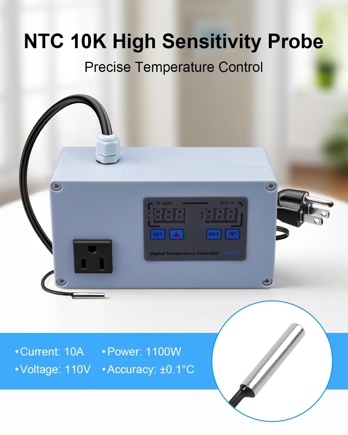 1100W Digital Temperature Controller, 110V 10A Thermostat Switch with Waterpr...