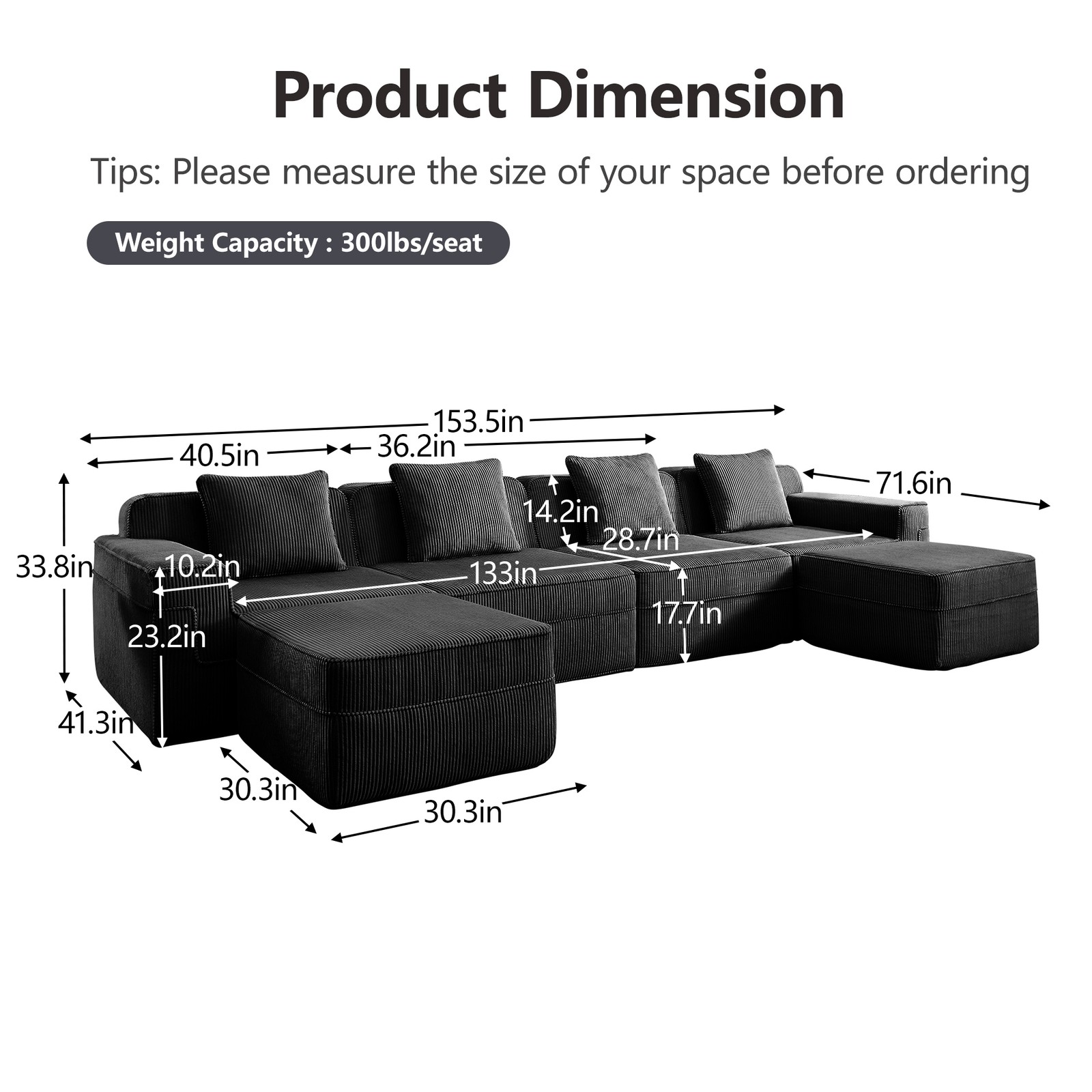 Modular 4 Seat U Shape Sectional Boneless Sofa, Cloud Sectional Couch with Deep