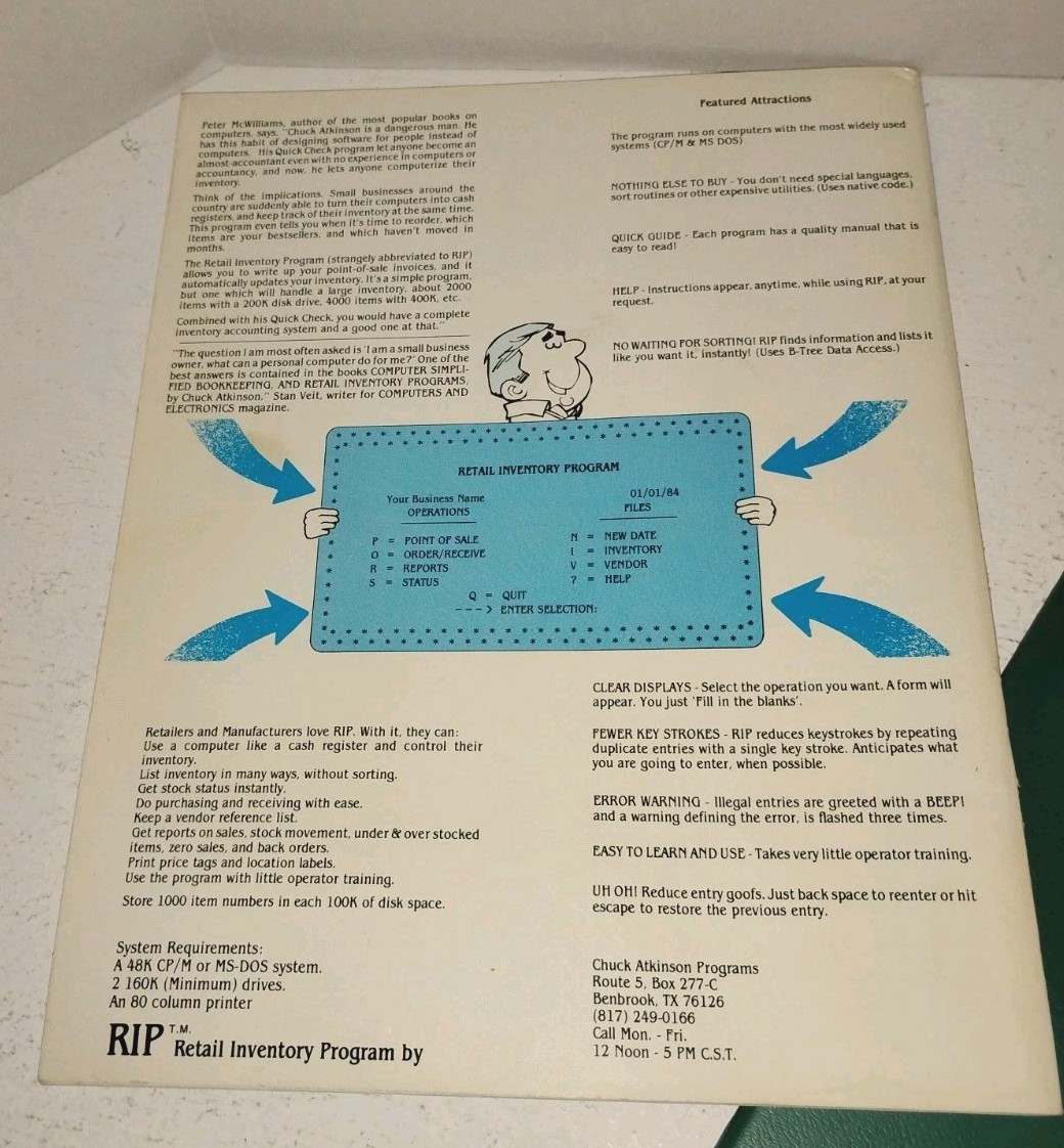Retail Inventory Program RIP 1983 Chuck Atkinson + Manuals & 6 Disks Kaypro CP/M