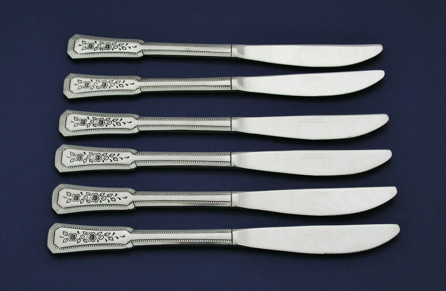 (6) ROGERS - LANDSCAPE PATTERN - 8 1/4" DINNER KNIVES - STAINLESS STEEL - KOREA