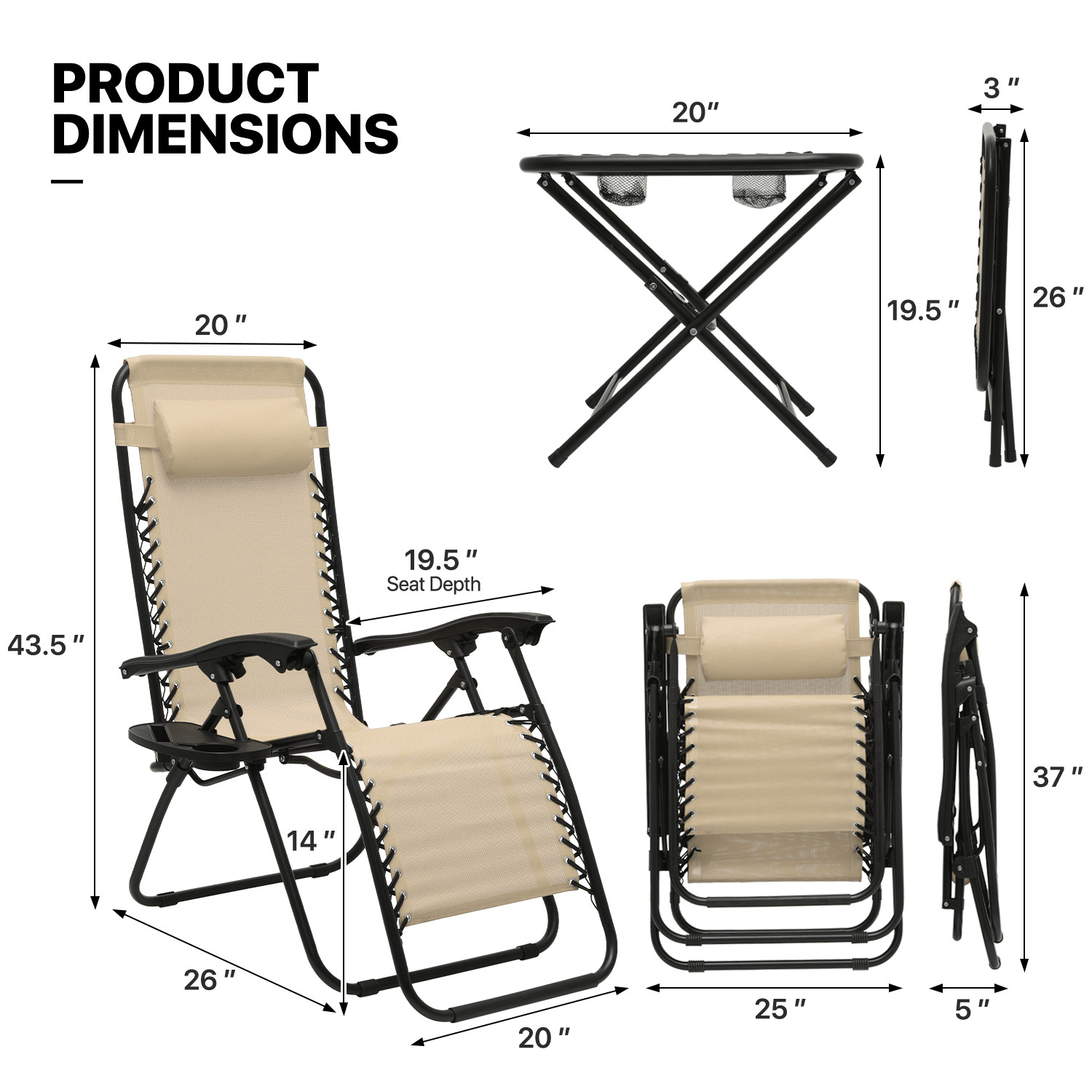 3Pcs[ZERO GRAVITY CHAIR+FOLDING TABLE SET]Patio Reclinable Lounge w/Holding Tray