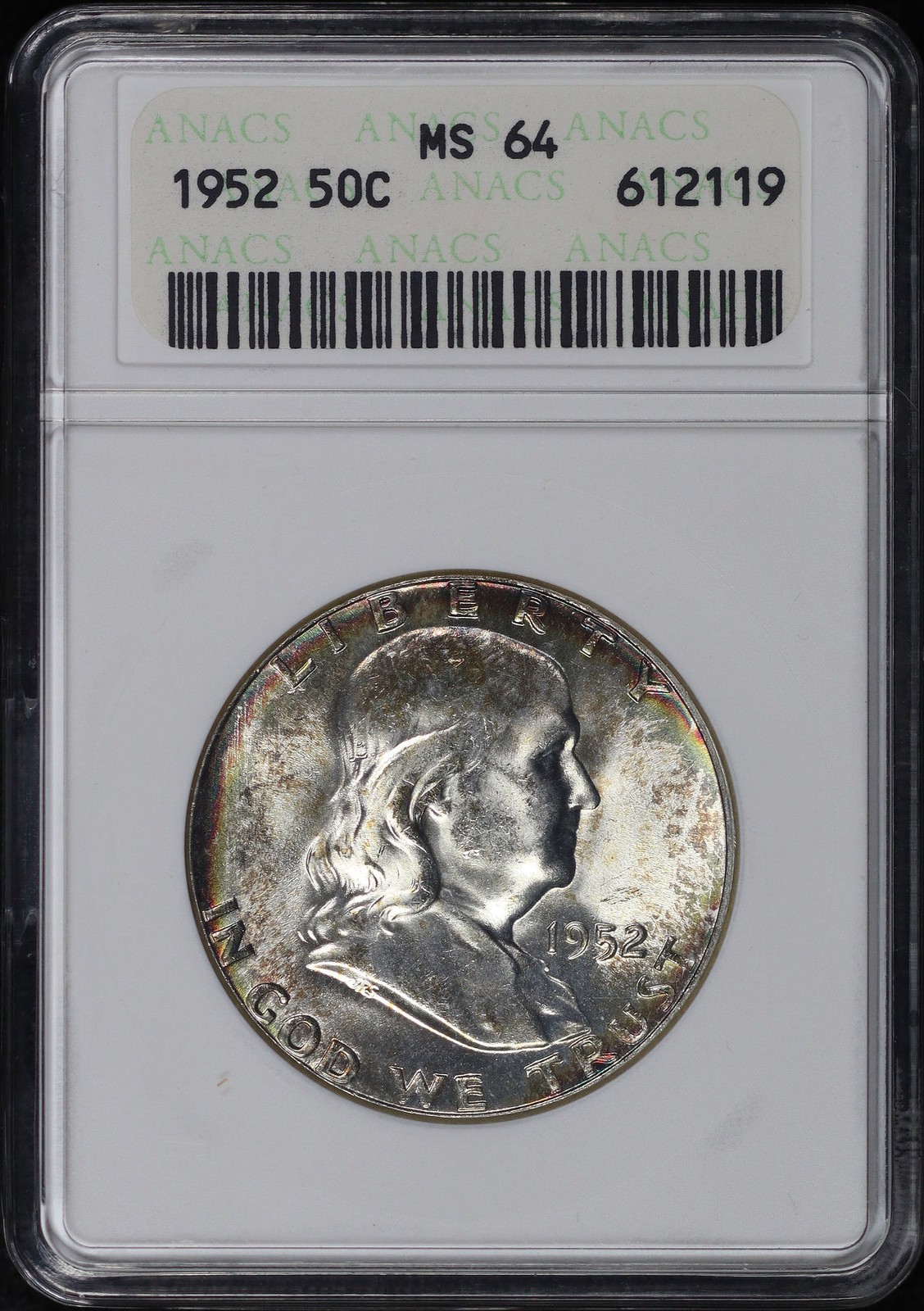 1952 Franklin Half Dollar ANACS MS-64 First Generation Holder Rainbow Rim Toning