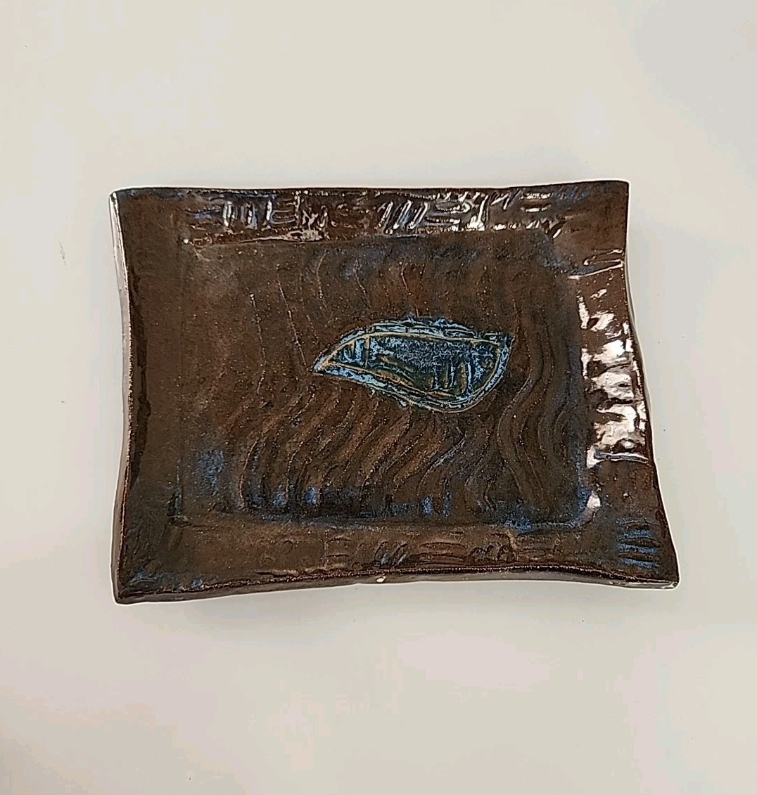 MGR Pottery Tray Trinket Dish Plate 9" X 7" Brown/Blue Leaf