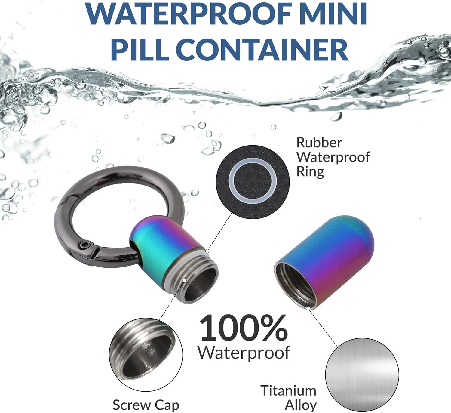 Travel-Friendly Titanium Pill Container with Keyring & O-ring Seal - Multicolor