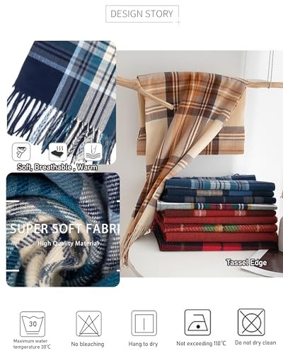 Long Plaid Scarf for Women Men Winter Fall Warm Tassels 71“*14.6" Blue Plaid