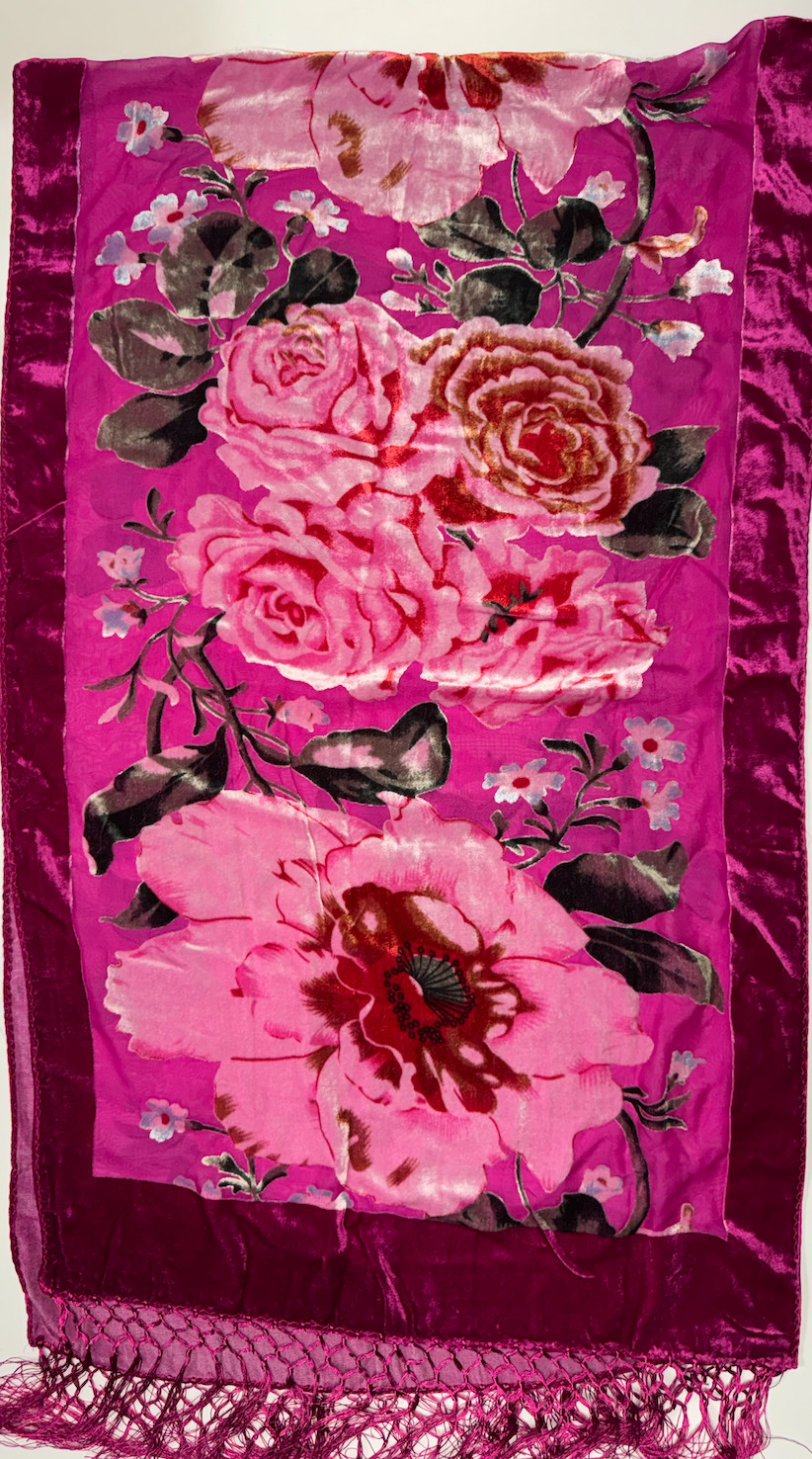 Scarf Floral 66 x 20" Rectangular Long Velvet Velour Silk Blend Fringe Hot Pink