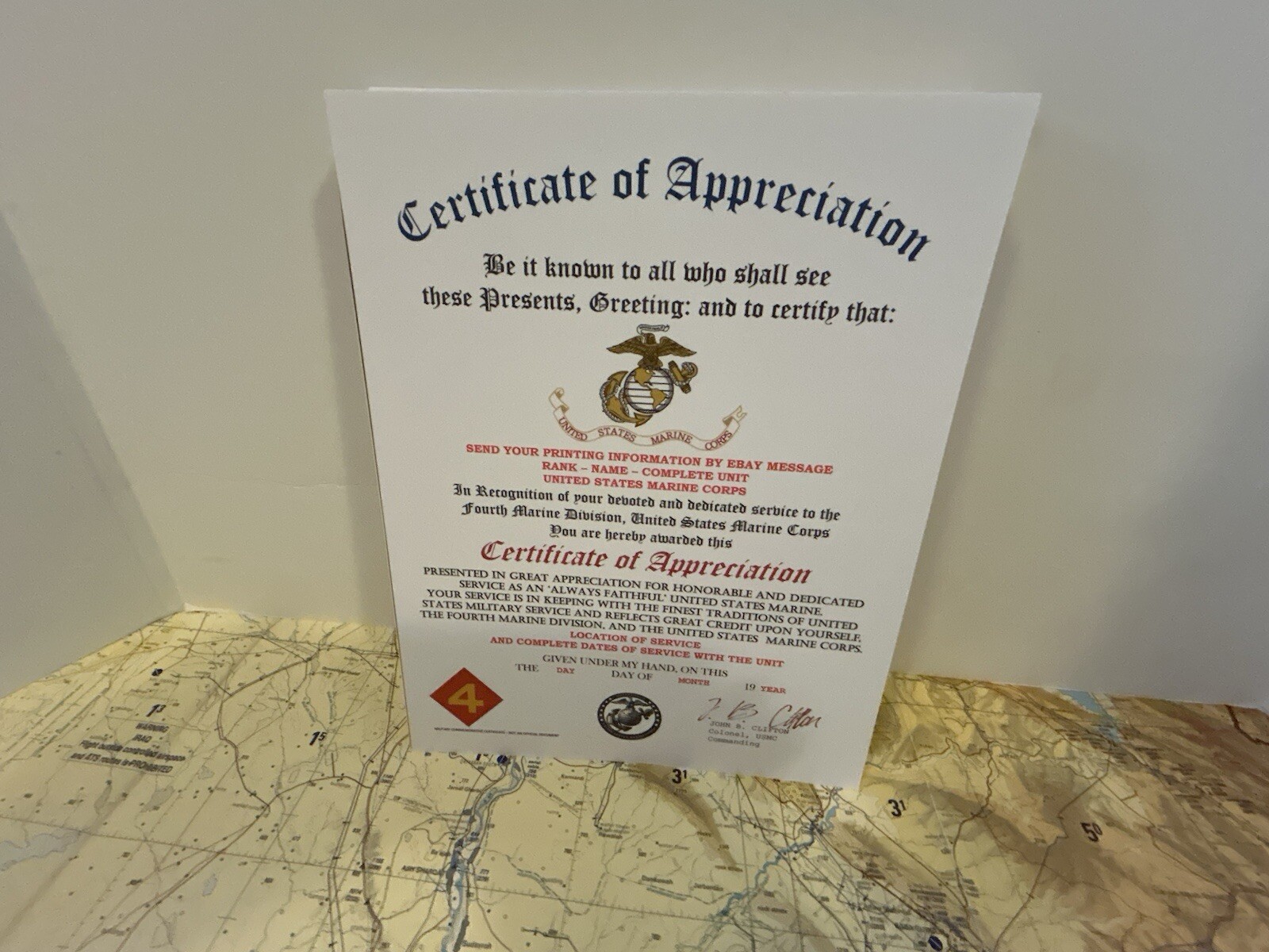 U.S. MARINE CORPS / 4TH MARINE DIVISION - CERTIFICATE OF APPRECIATION