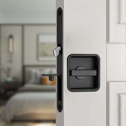 Black Pocket Door Lock Set - Privacy Handle & Recessed Latch for Wooden Doors