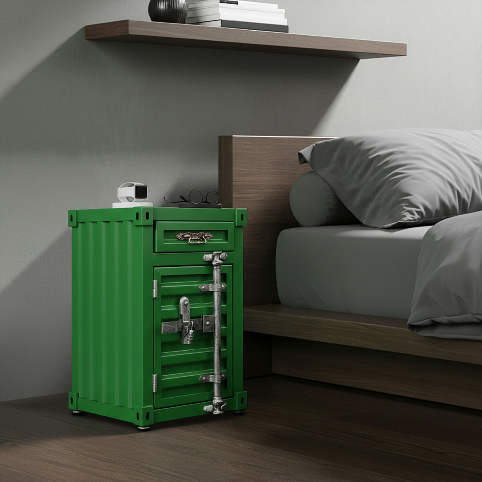 Industrial Metal Container Side Table, Container Style Side Table with Drawer