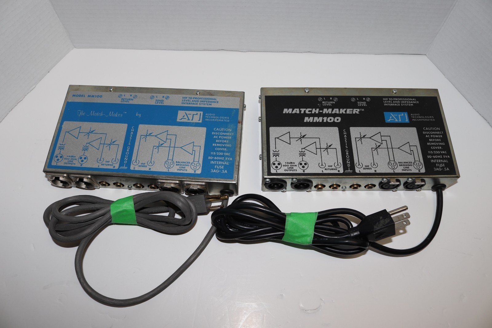 PAIR - ATI MM100 MATCH MAKER BLACK & BLUE UNITS - LEVEL AND IMPEDENCE INTERFACE
