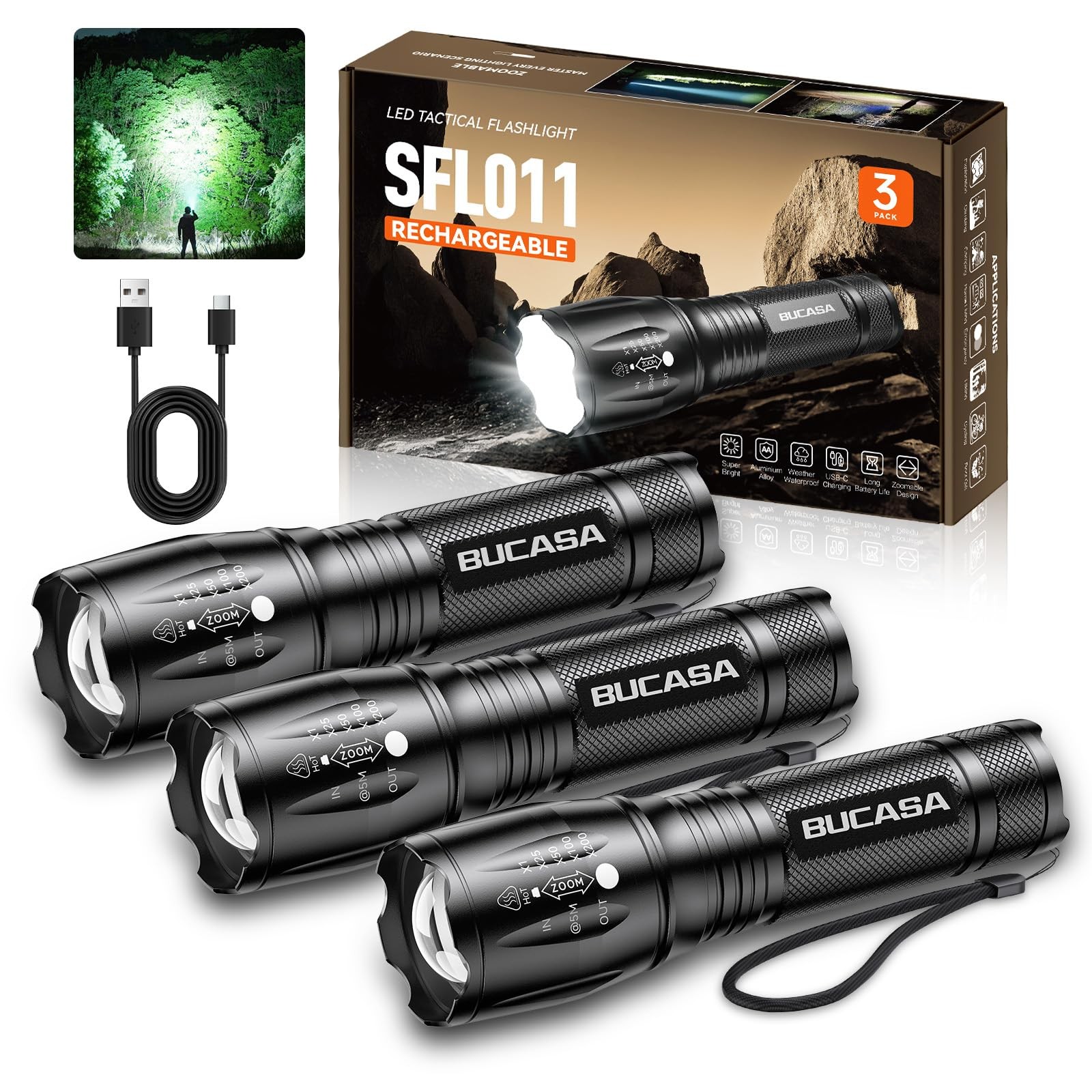 BUCASA 3 Pack Rechargeable Flashlights High Lumens, Brighter 3 Pack, Black