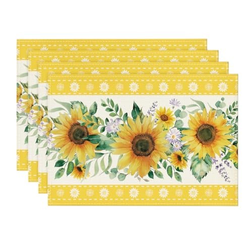 Sunflowers Leaves Flower Summer 12" x 18", Rectangular Set of 4 Beige/Yellow