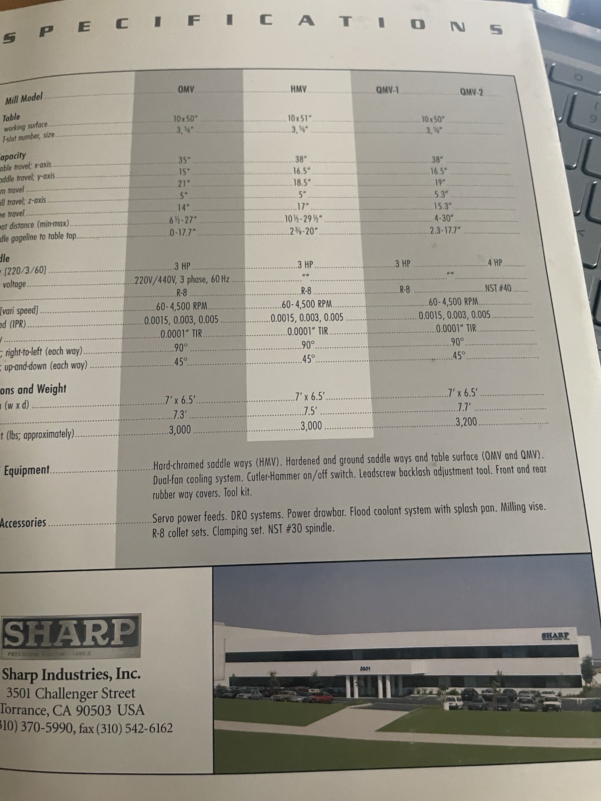Sharp Precision Tools Vertical Mills OMV/HMV/QMV Brochure