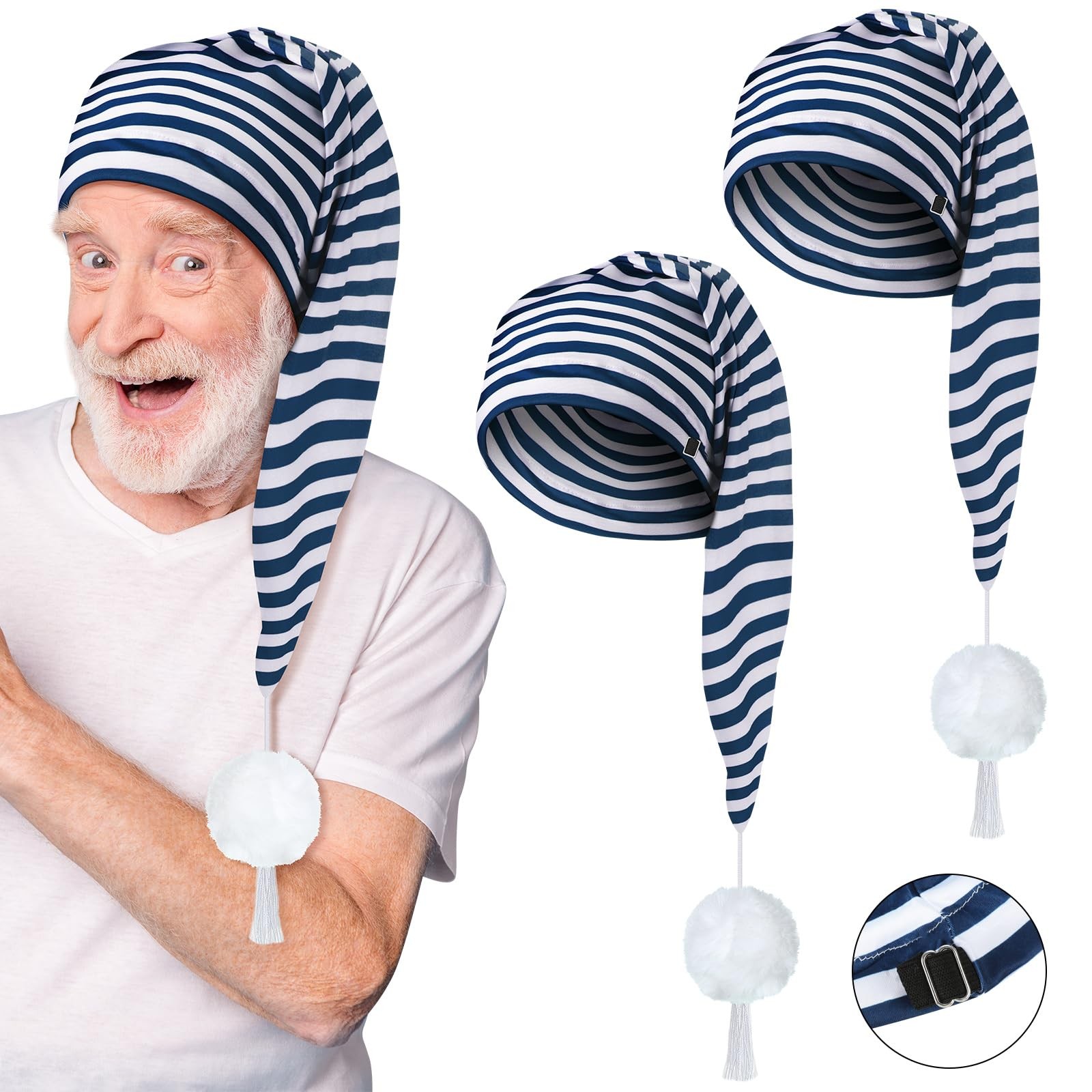 Men's Adjustable Night Caps  Striped Pajama Hats with Pom Ball  2 Pcs Set