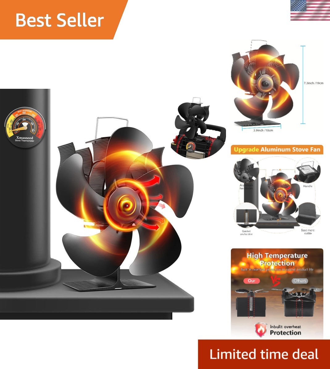 Eco-Friendly Heat-Powered 5-Blade Fan for Efficient Warm Air Distribution