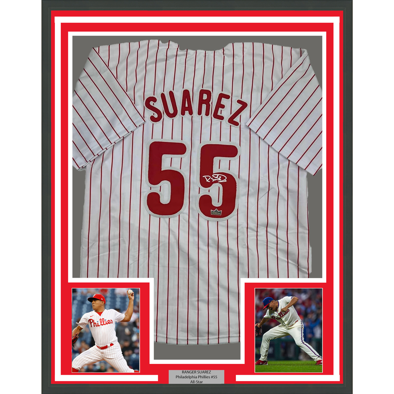 Framed Facsimile Autographed Ranger Suarez 35x39 Pinstripe Reprint Jersey