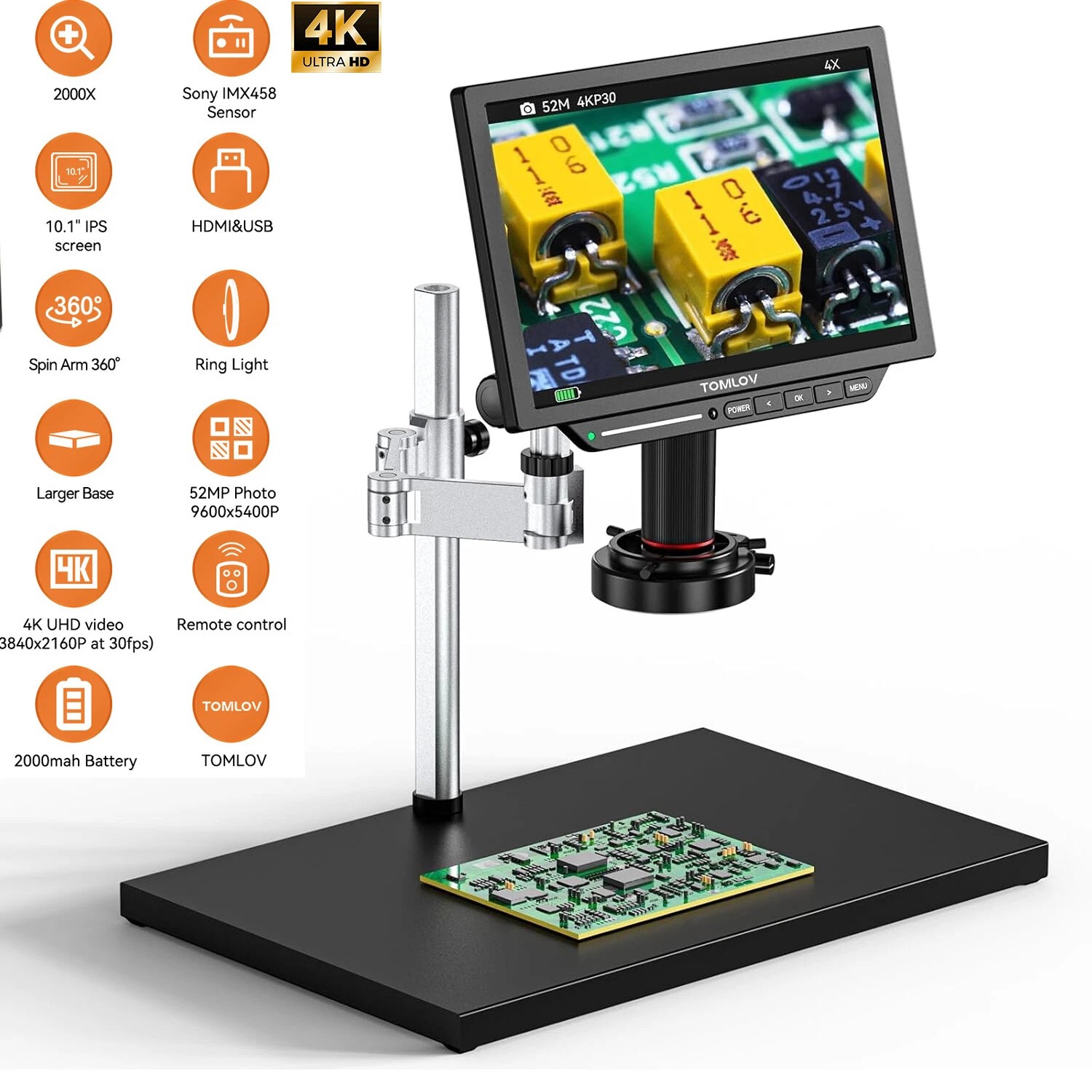 TOMLOV 4K Digital Soldering Microscope 2000X 360° Arm 10.1" 52MP Coin Microscope
