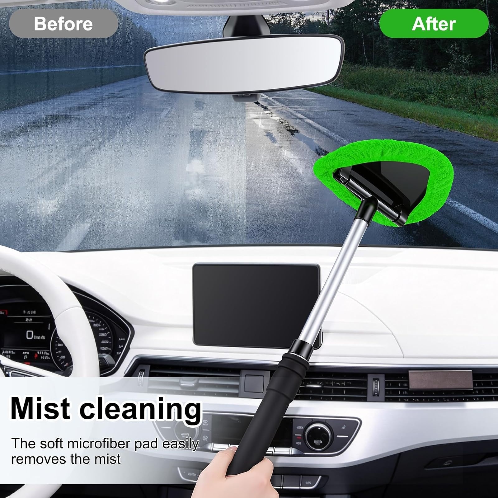 JUSTTOP Windshield Cleaner Tool with Extendable Handle & Microfiber Pads