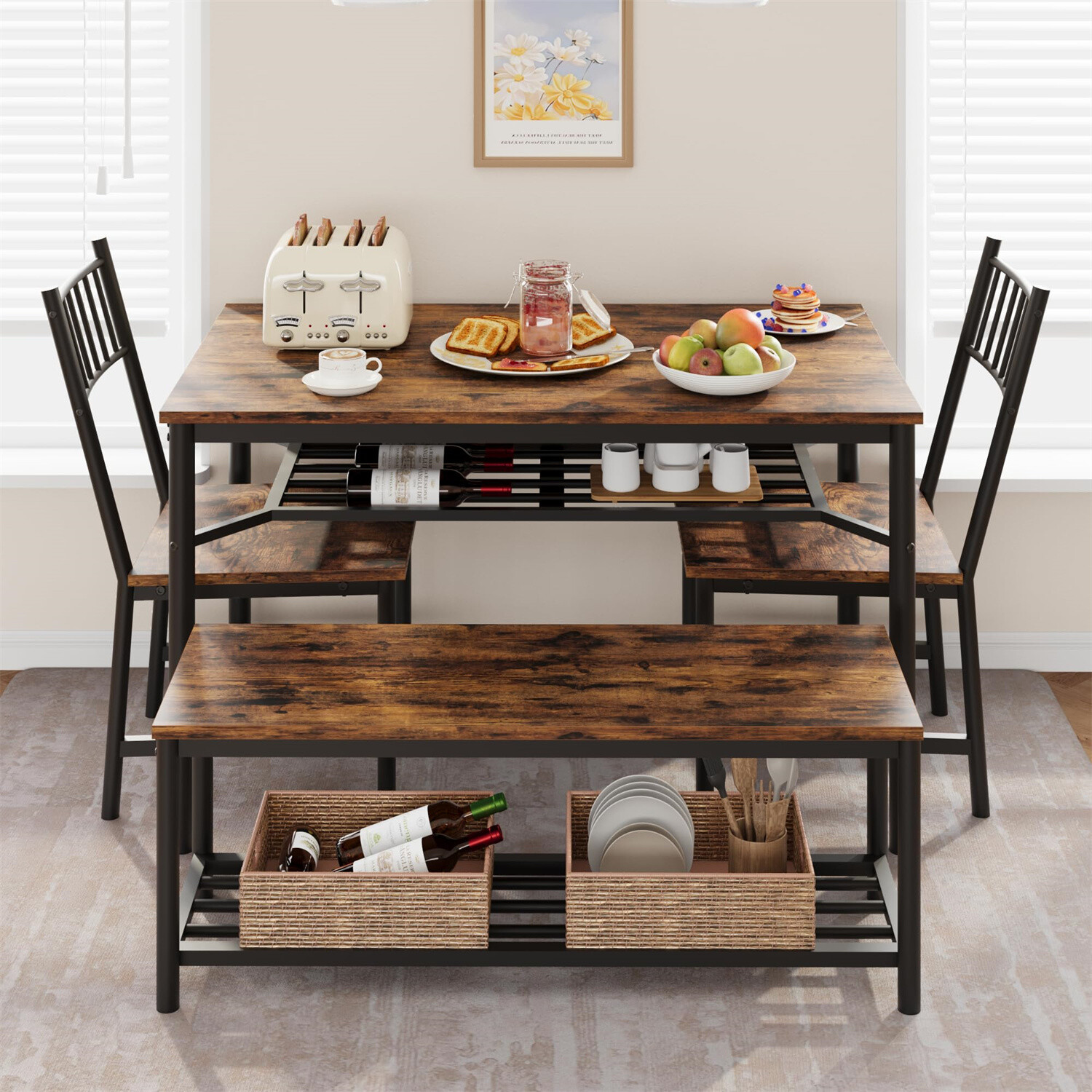 Dining Table Set for 4,  Kitchen Table Chairs with Sturdy Bench 2 Chairs