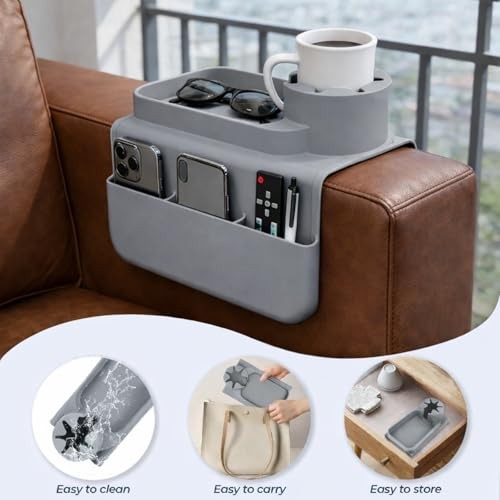 Silicone Couch Cup Holder Tray, 3-Side Sofa Armrest Organizer with Secure Grey