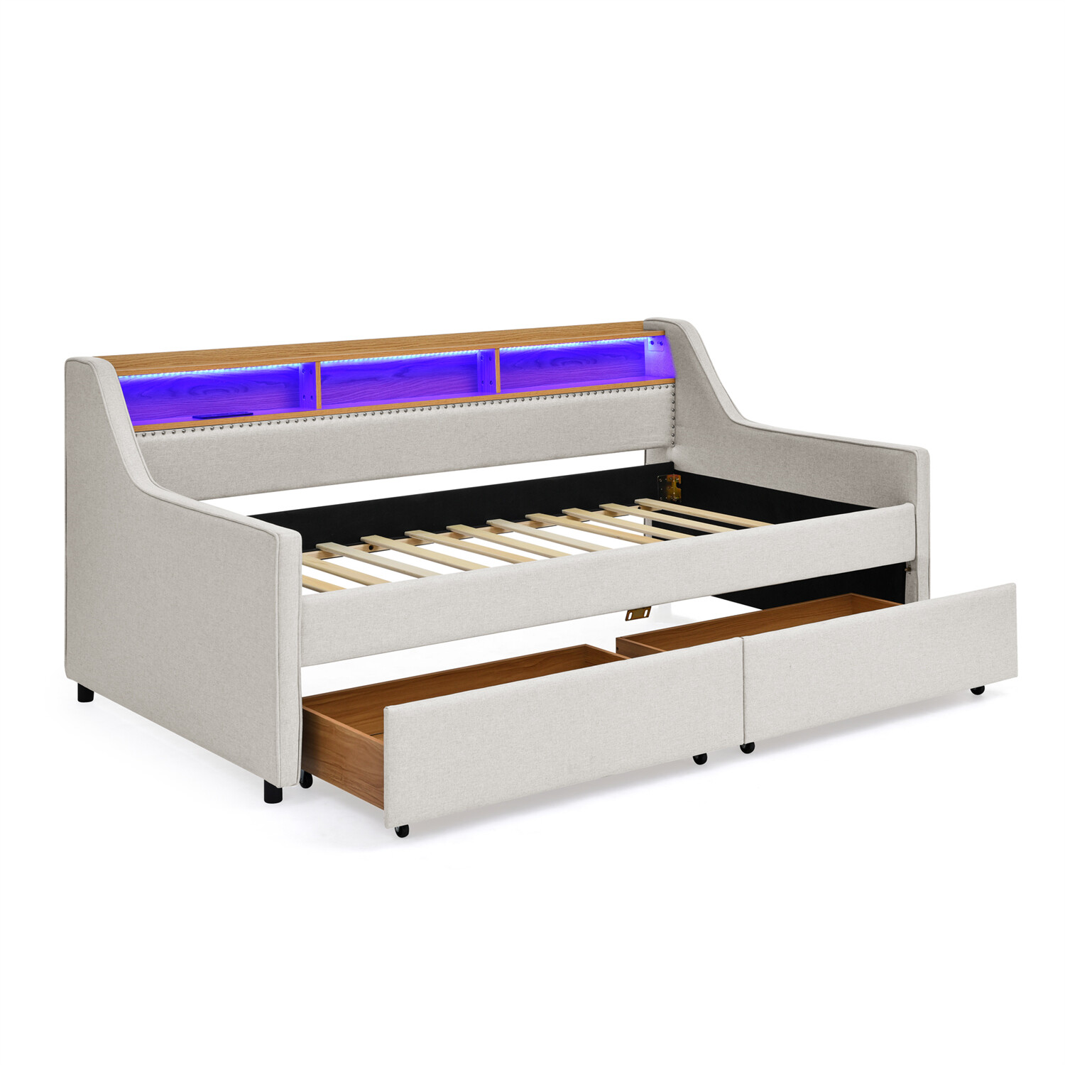 Twin Size Daybed Upholstered Bed Frame Sofa Bed w/ LED Lights & 2 Drawers