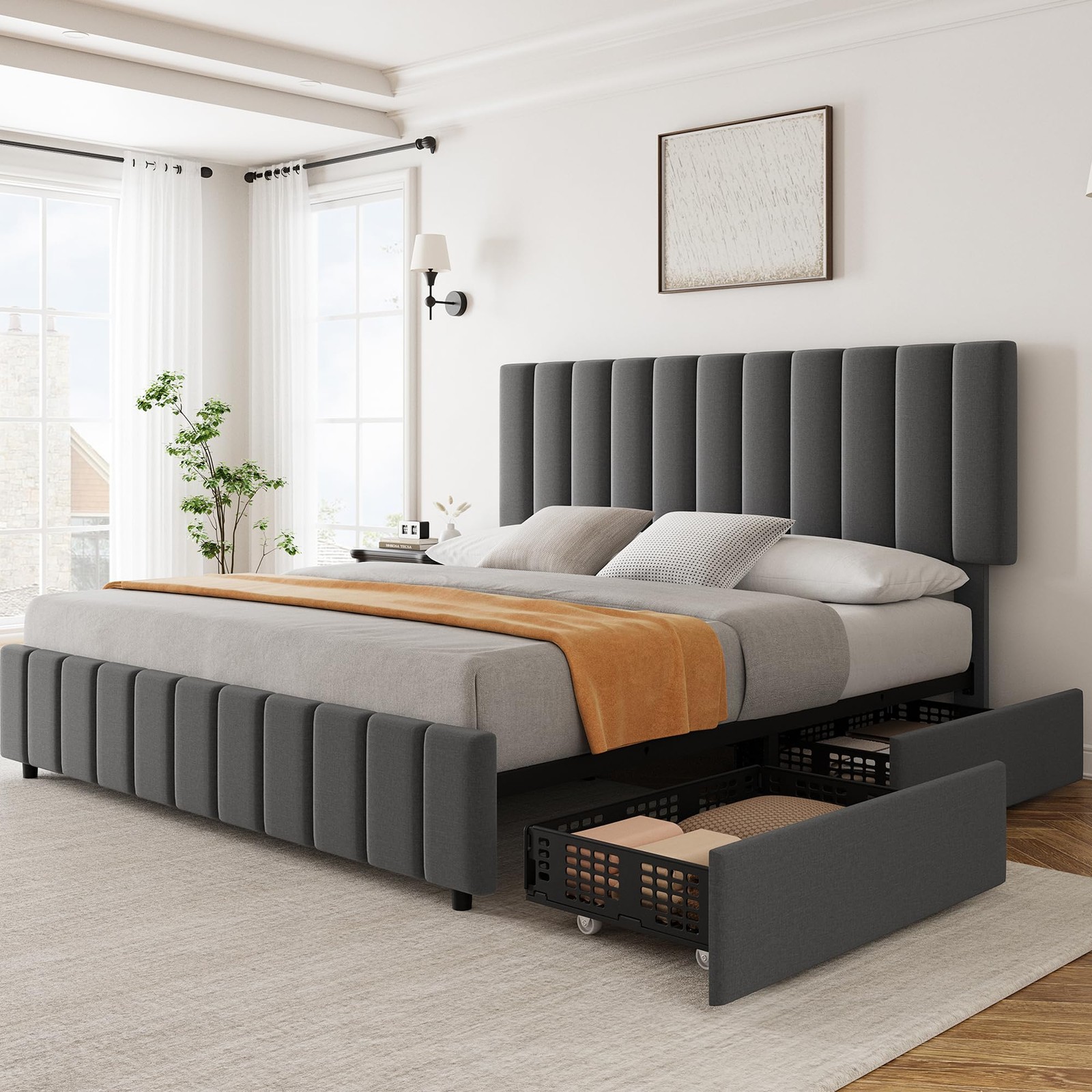 Queen Size Bed Frame with 4 Storage Drawers, Adjustable Height Headboard, Lin...