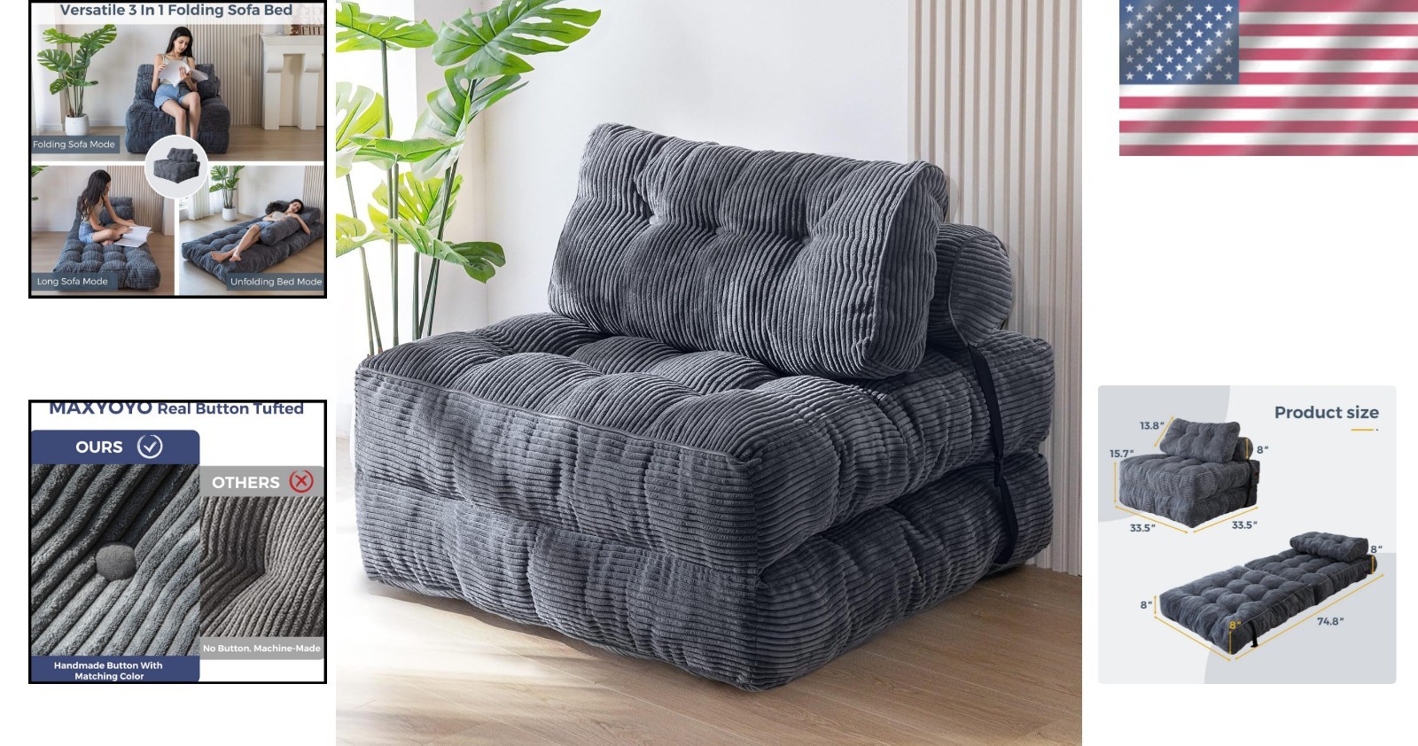 Portable Dark Grey Convertible Sleeper Chair with Headrest & Lumbar Support