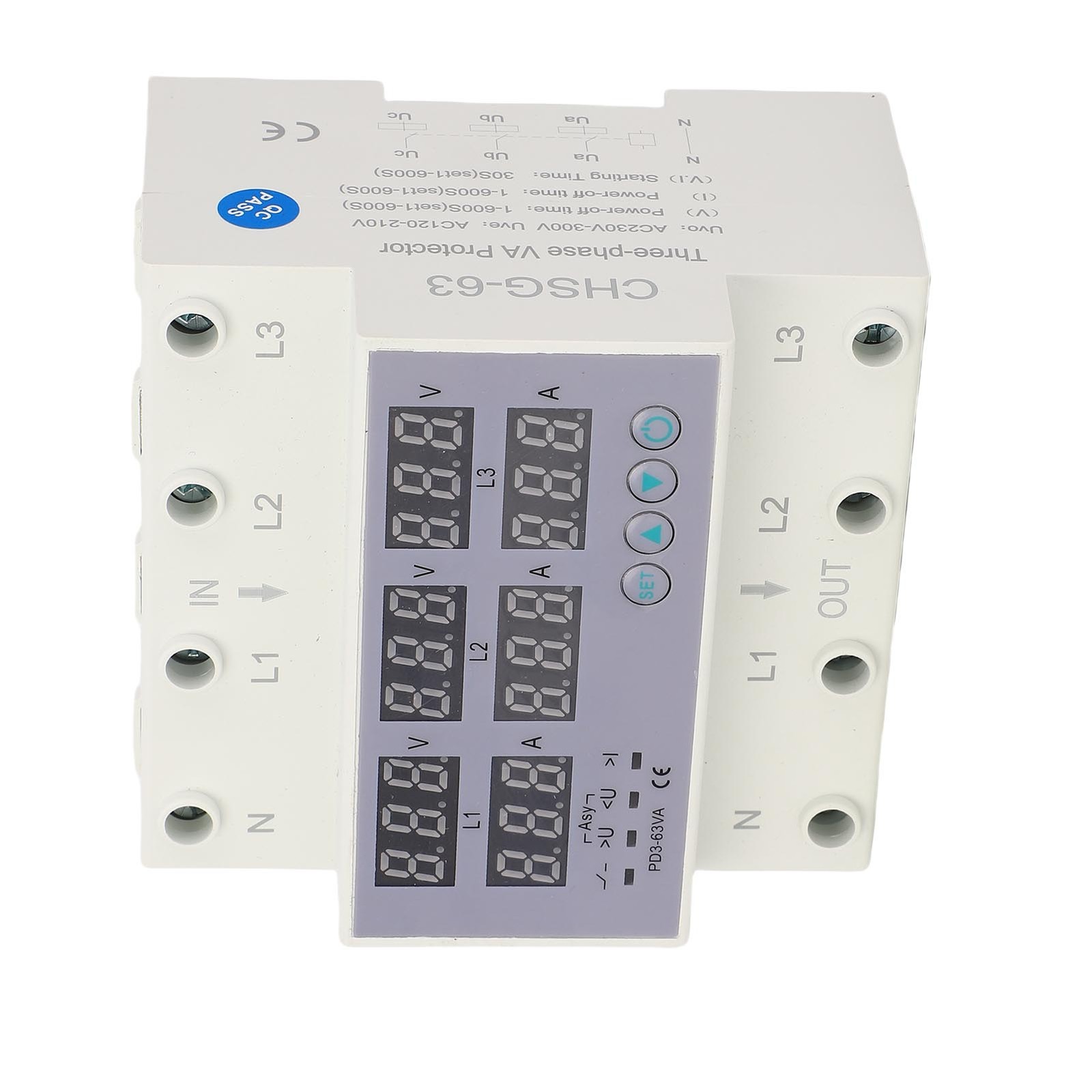 63A 3 Phase DIN Rail Voltmeter Ammeter Auto Overvoltage Overcurrent Protector AC