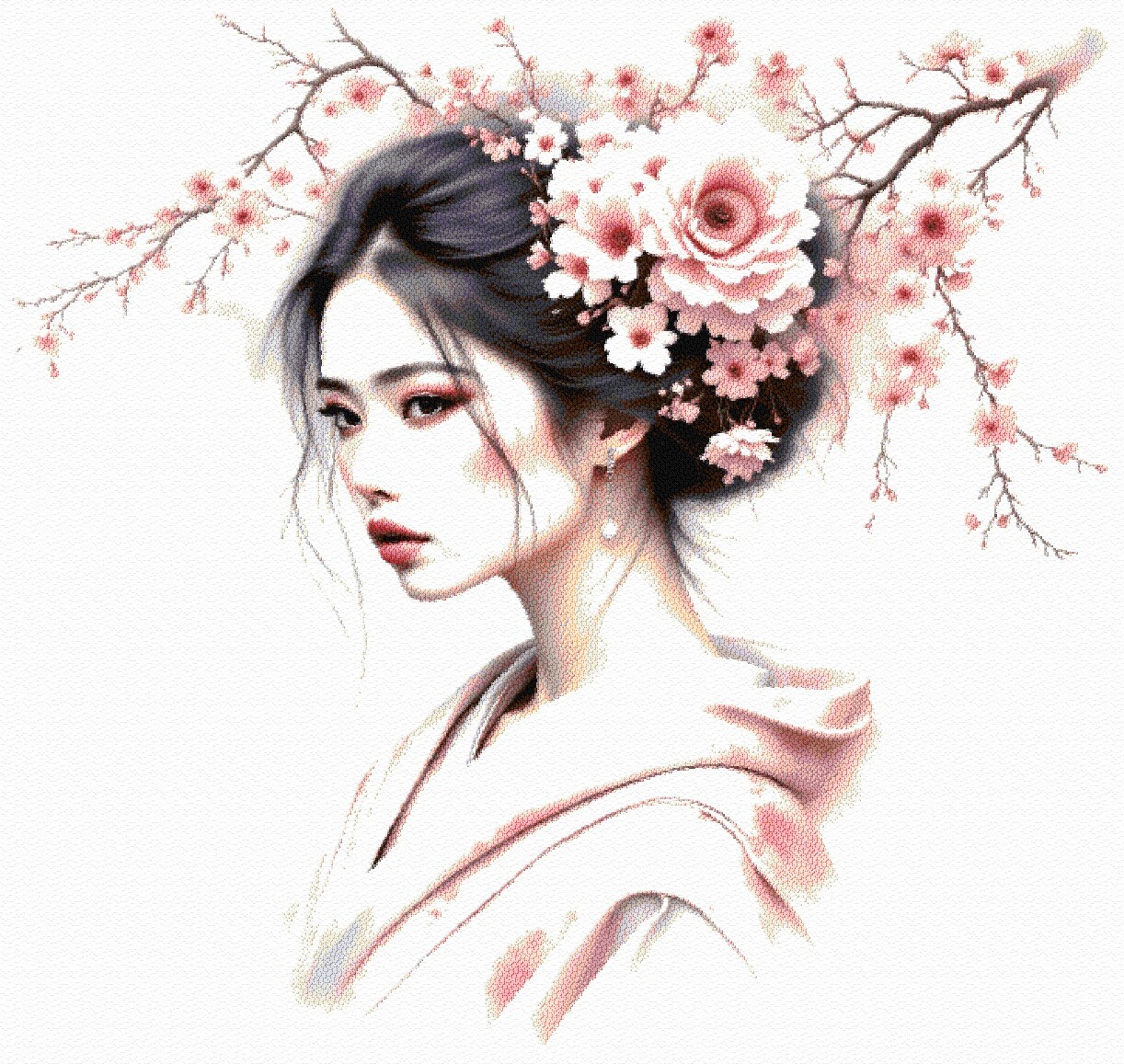 Geisha and Cherry Blossoms Cross Stitch Pattern + Photo, Inc Pattern Keeper File