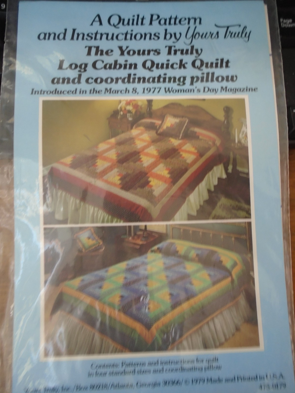 1979 Yours Truly 4 Sizes Quick Quilt & Pillow Pattern "Log Cabin" #3913 USA