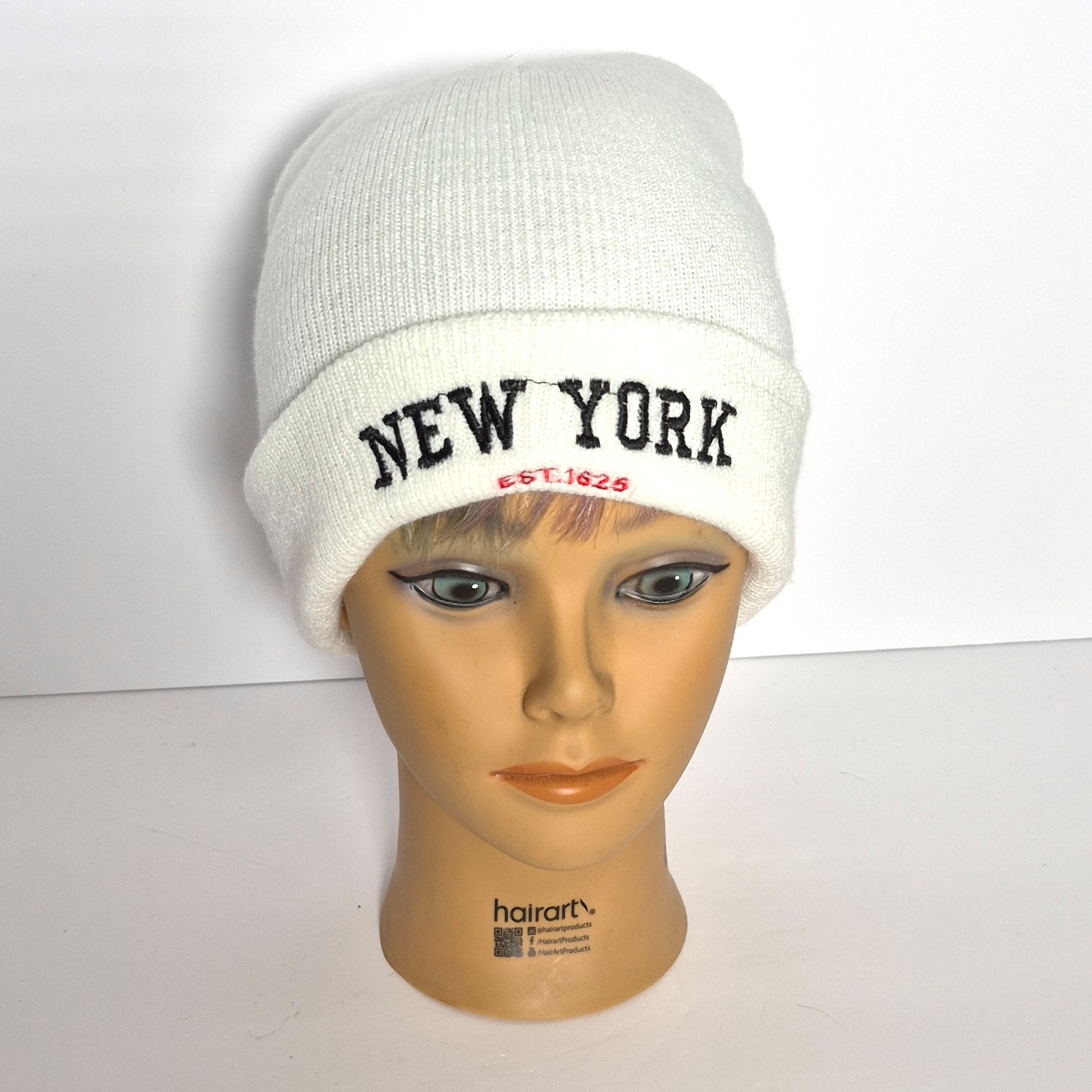 New York EST 1625 Embroidered Beanie White Knit Cuffed Winter Hat Unisex Warm
