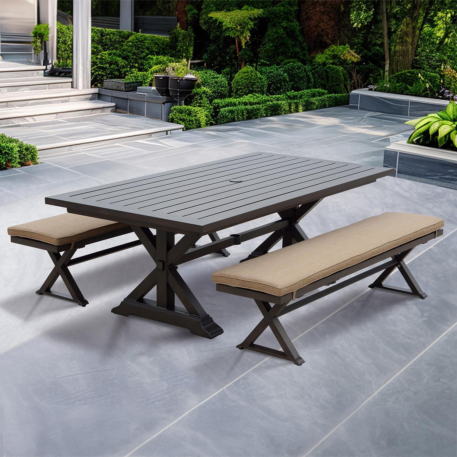 Brooklyn 3 Pc Aluminum Dining Set 86 X 44 Inch Table & Benches in Multi