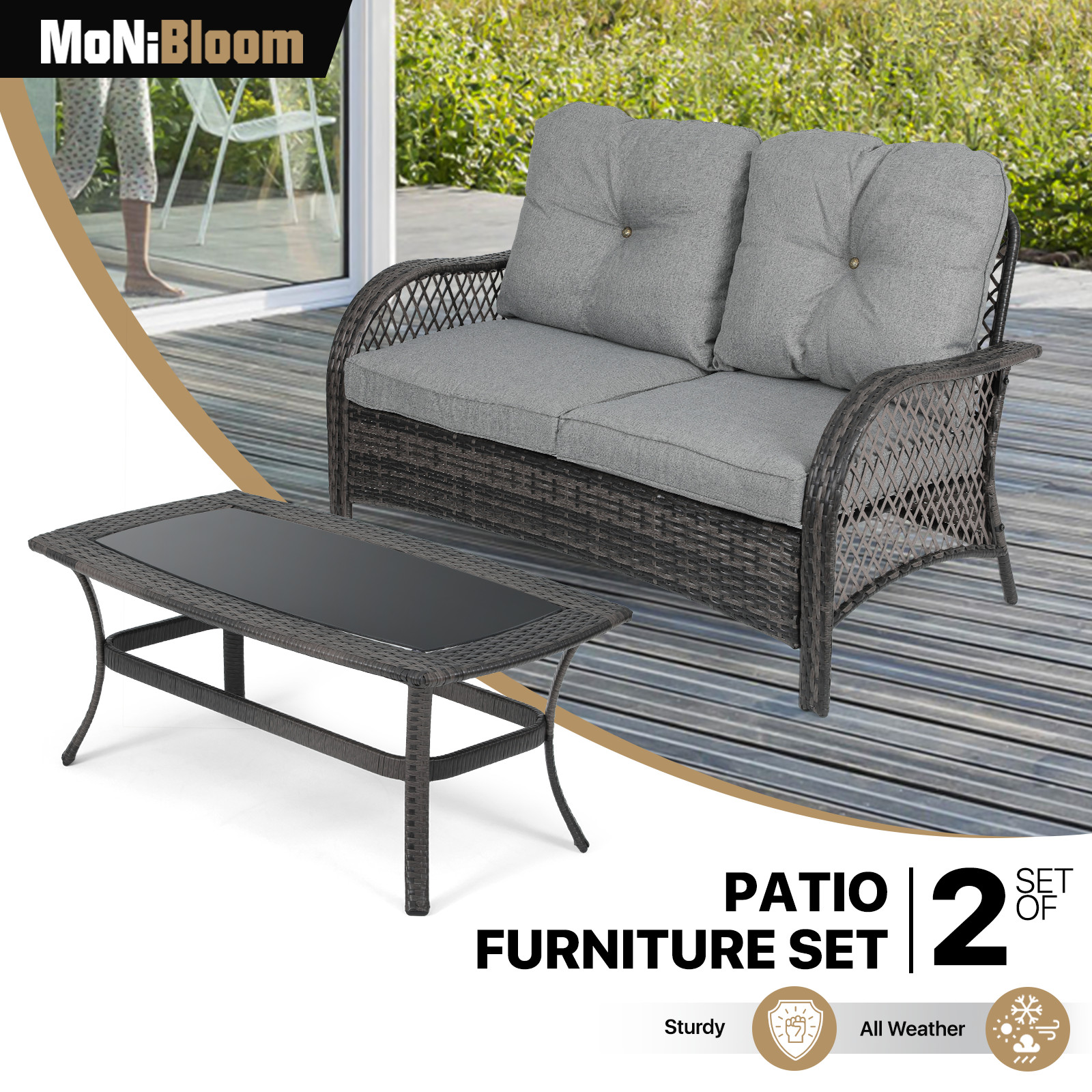 2 Set of Patio PE Rattan Furniture Set All-Weather Sofa Coffee Table w/Cushion