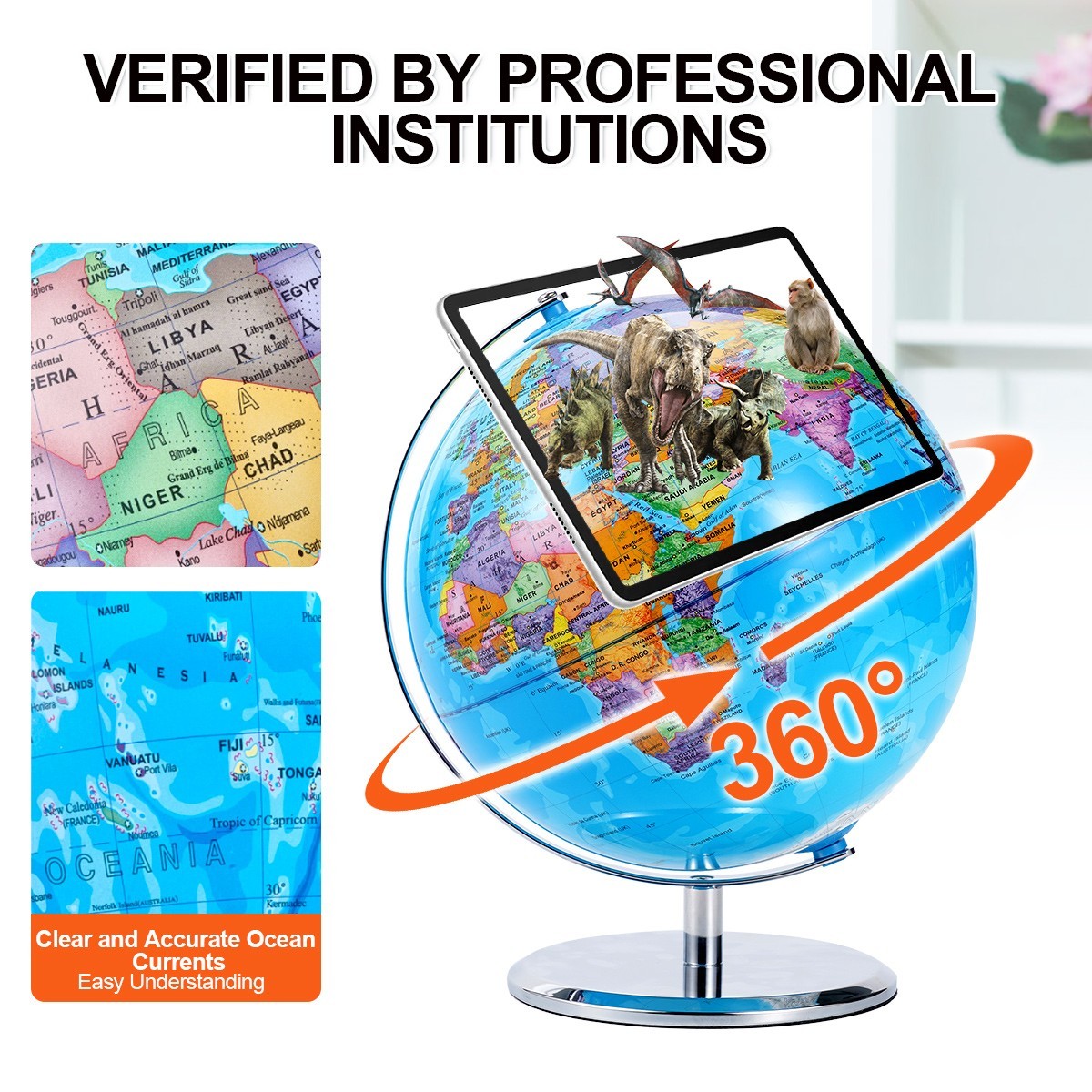 10'' World Map Globe On Metal Base Tabletop Rotating Earth Globe Educational