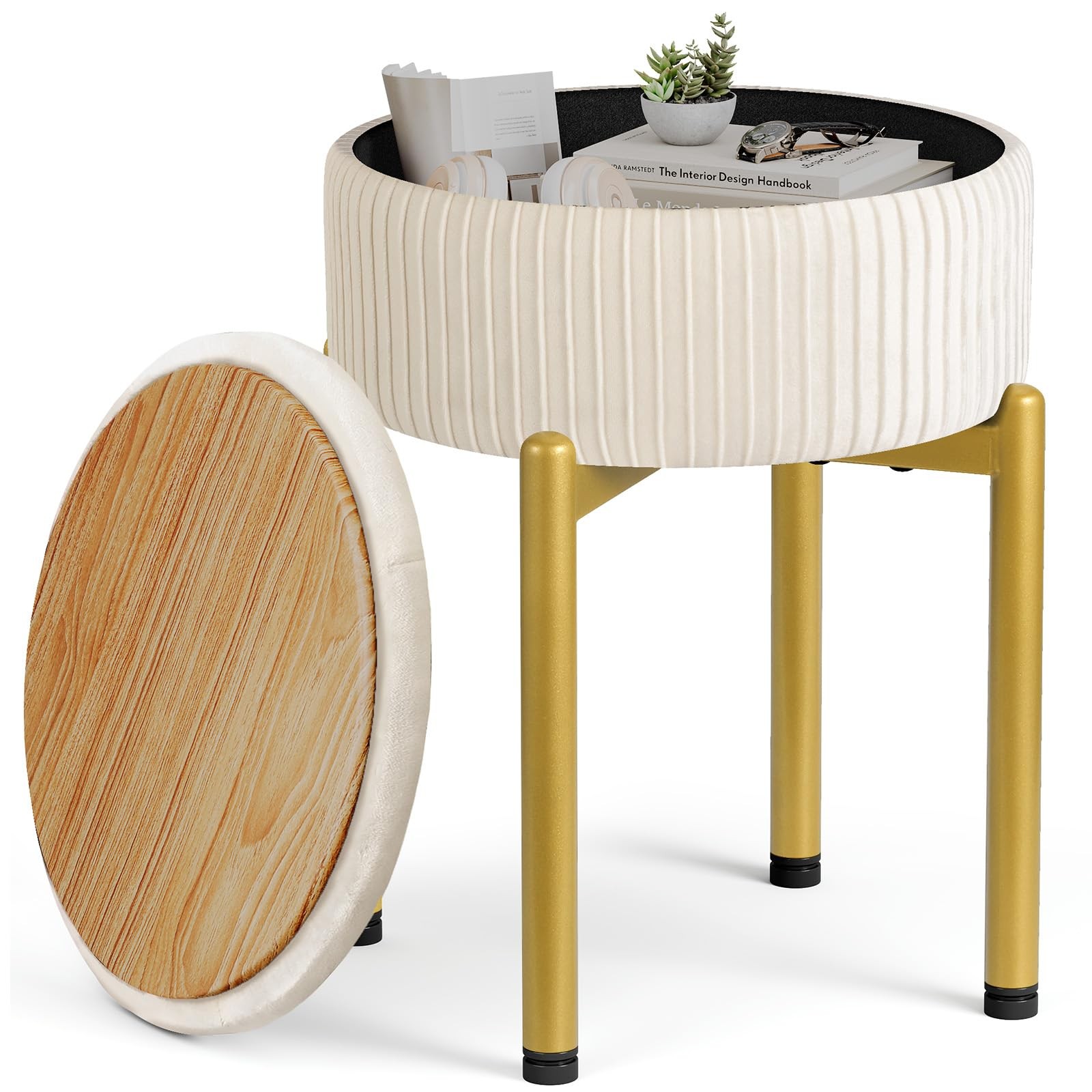 18-Inch Velvet Vanity Stool Chair with Storage, Vanity Bench with 4 Golden Me...